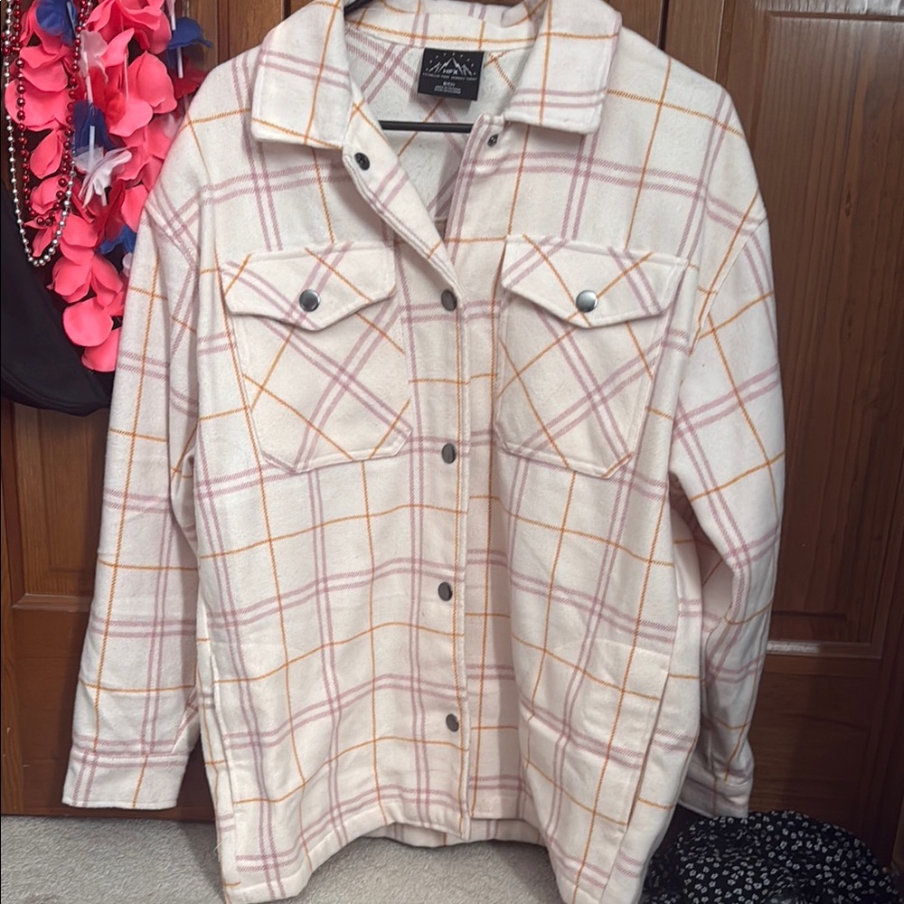 Plaid Button-Up Shirt Jacket in Pink and Orange